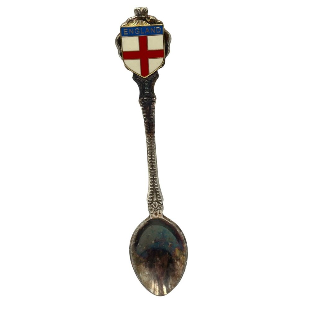 Vintage England Souvenir Spoon With Enamel Red Cross Shield Design Silver-Plated